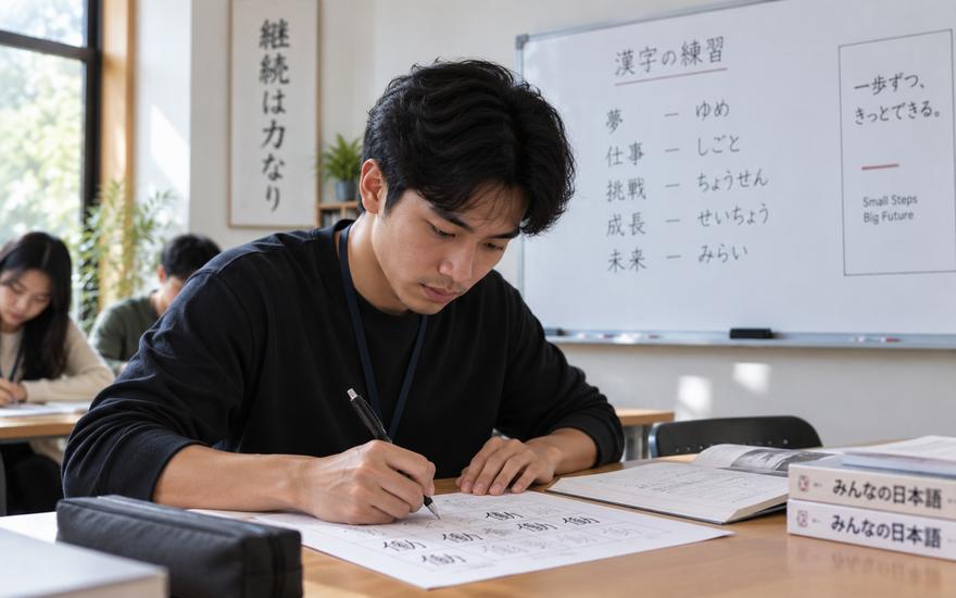 Peserta berlatih menulis kanji dengan fokus di meja belajar