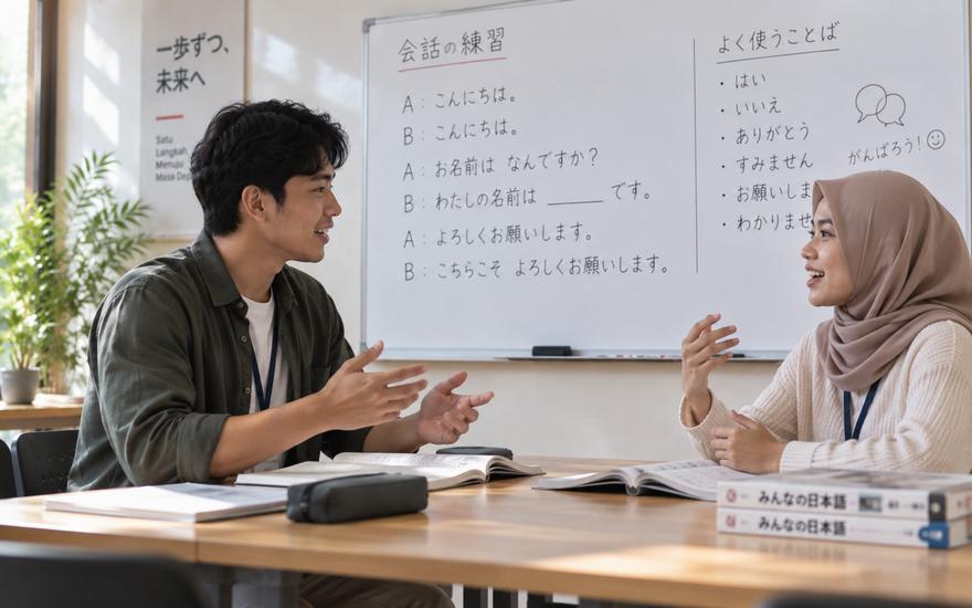 Dua peserta berhadapan berlatih percakapan bahasa Jepang
