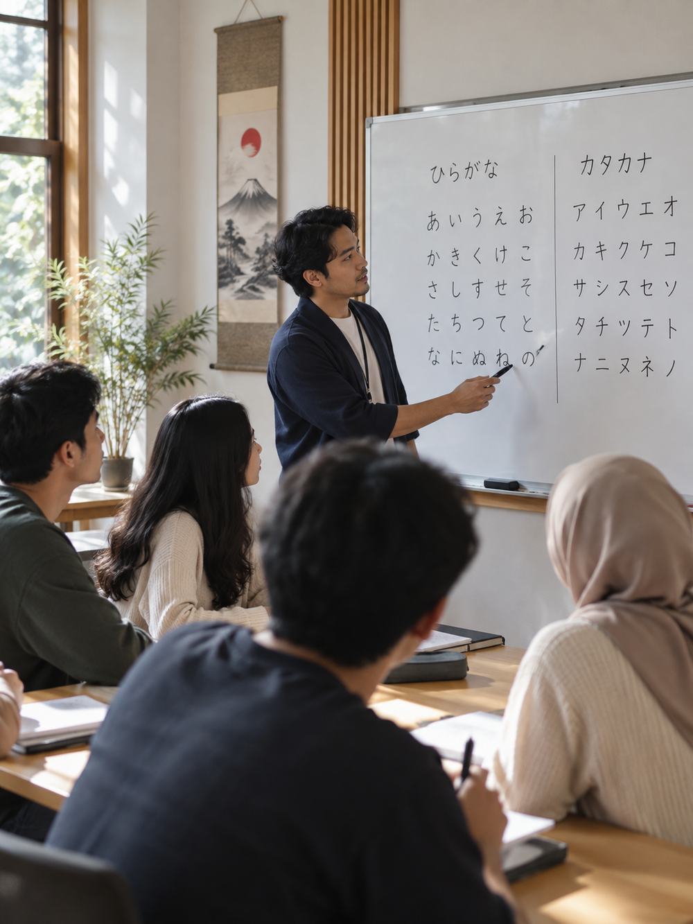 Pengajar menerangkan tabel hiragana dan katakana di depan kelas, peserta menyimak