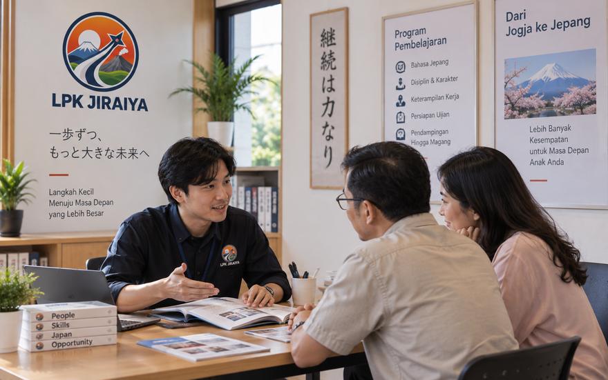 Staf JIRAIYA berbincang dengan orang tua calon peserta di ruang konsultasi