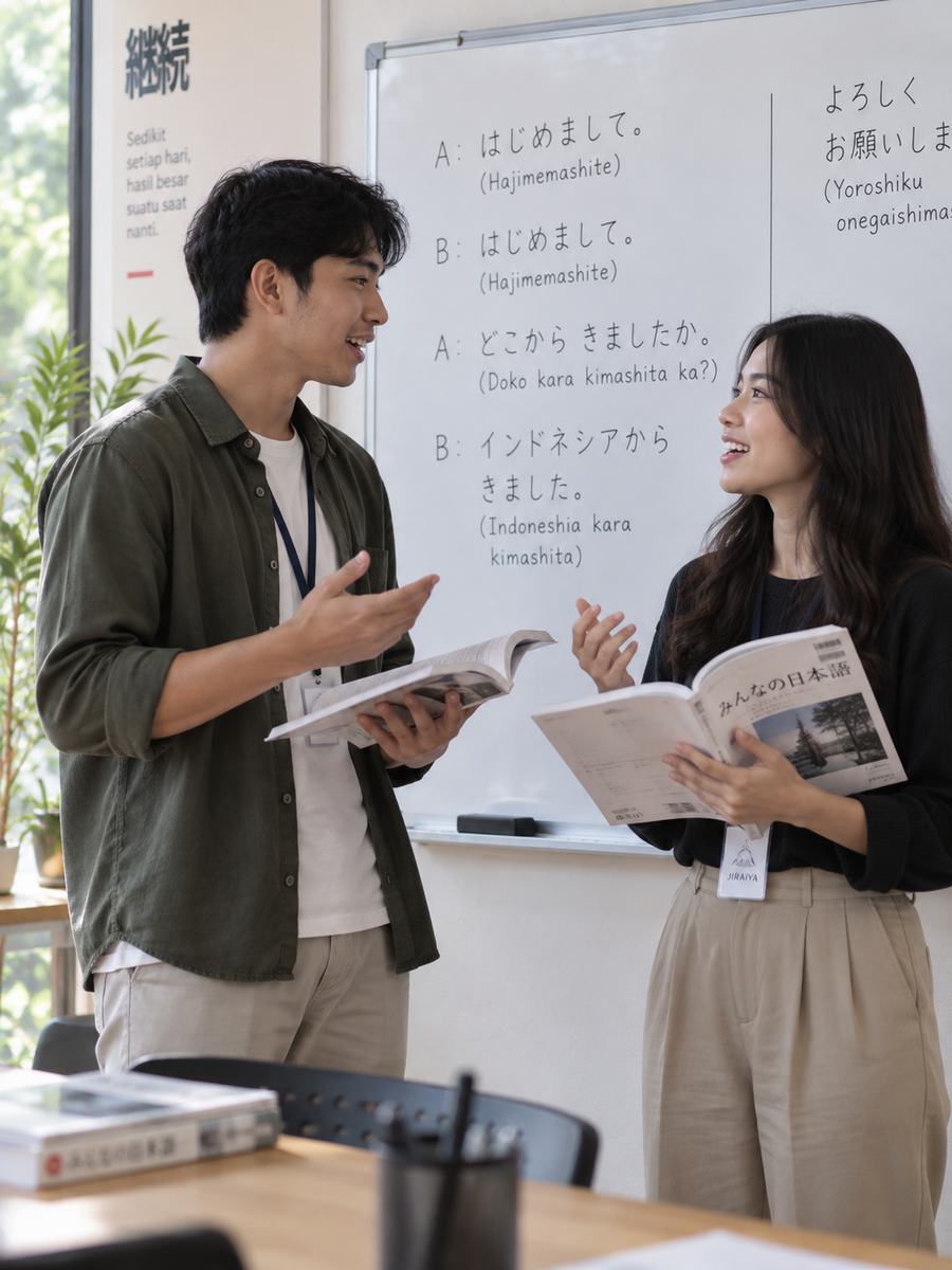 Dua peserta berdiri berlatih percakapan bahasa Jepang di depan papan tulis