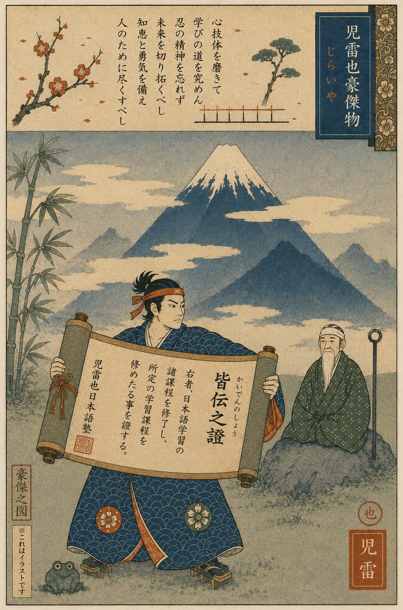 Ilustrasi bergaya ukiyo-e: Jiraiya membentangkan gulungan di hadapan seorang pertapa tua, dengan latar gunung dan rumpun bambu